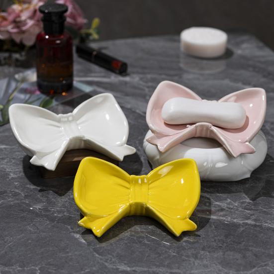 Bow Soap Dish Bathroom Ceramic Soap Holder with Self Draining No Water Accumulation Soap Tray for Home Dormitory Washbasin Bathroom Shelf