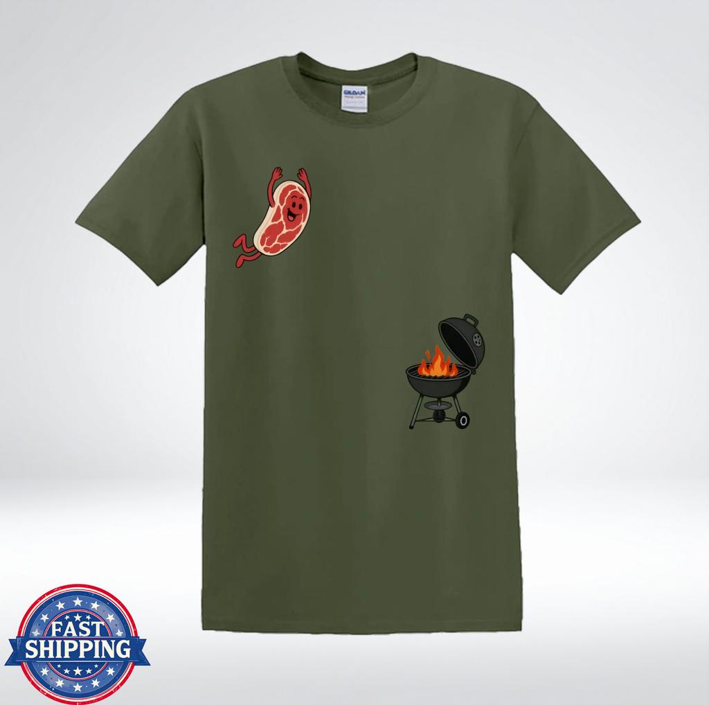 Funny BBQ Meat Jumping Into Grill Cartoon Graphic T-Shirt