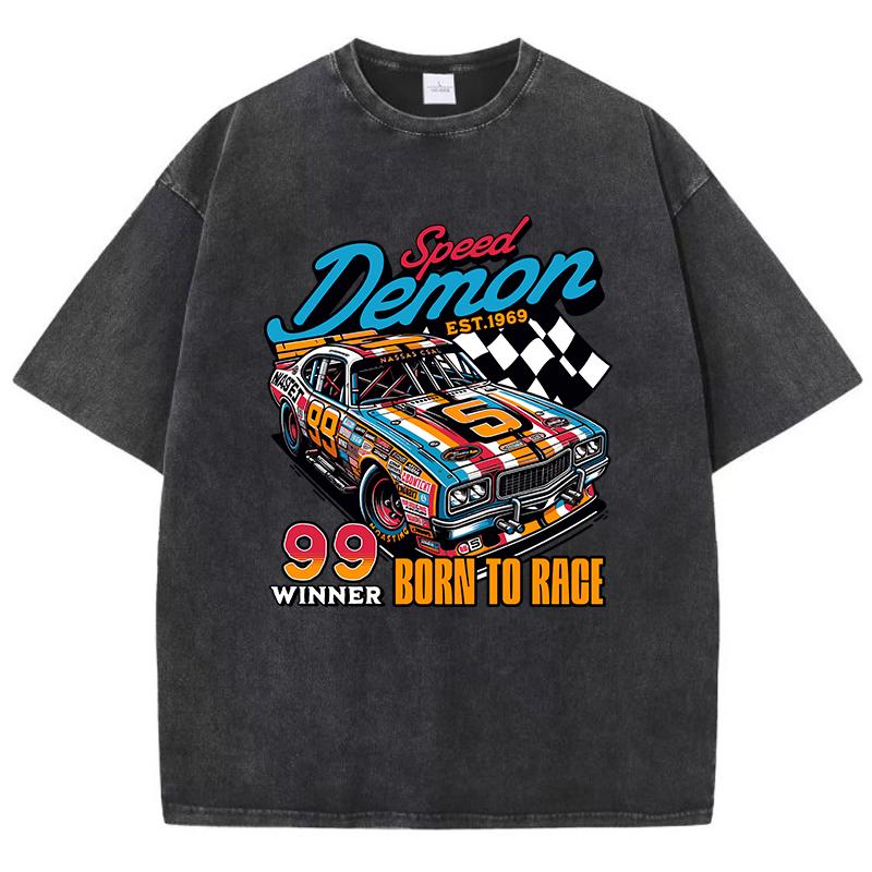Street Woman Washed T-Shirts Speed Demon Born To Race 99 Winner Print Tee Shirts Comfortable Cotton Oversize Tops Clothes