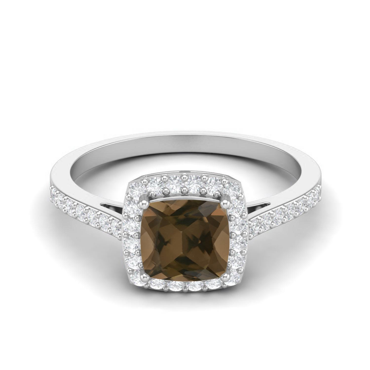 Женское помолвочное кольцо-солитер с гало, 1,05 карата, дымчатый кварц огранки «кушон», стерлинговое серебро 925 пробы 8