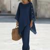 Women Solid Color Button Detail Top and Pants Set Casual Loose Fit Wide Leg Pants Two Piece Outfit