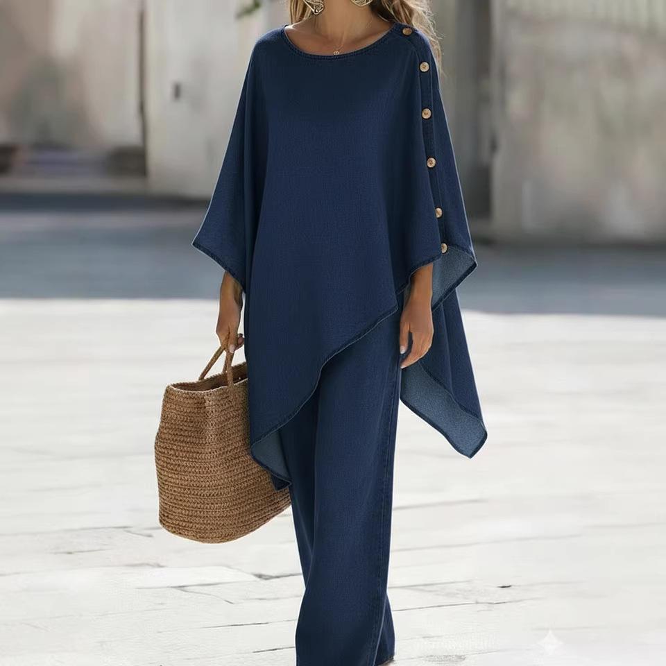 Women Solid Color Button Detail Top and Pants Set Casual Loose Fit Wide Leg Pants Two Piece Outfit