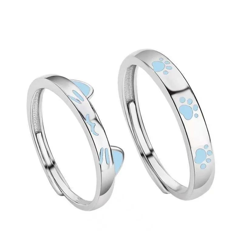 1/2Pcs  Blue Luminous Cat Dog Couple Rings Creative Glowing In The Dark Rings Jewelry For Men Women Valentine's Day Gift