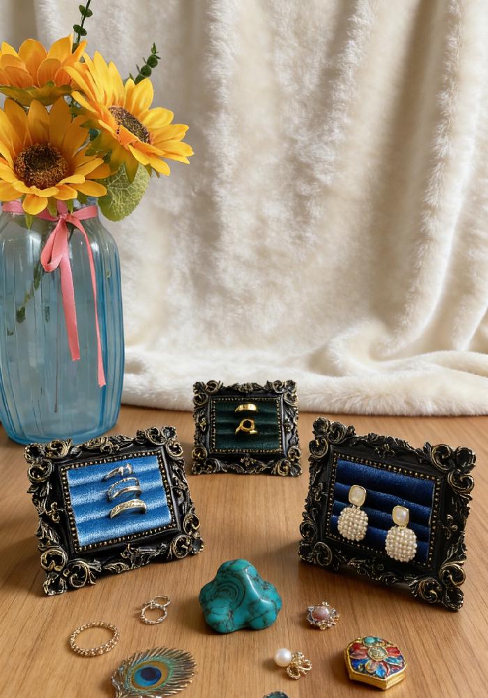 Victorian Style Black & Gold Frame Earrings, Ring, and Jewelry Holder Display