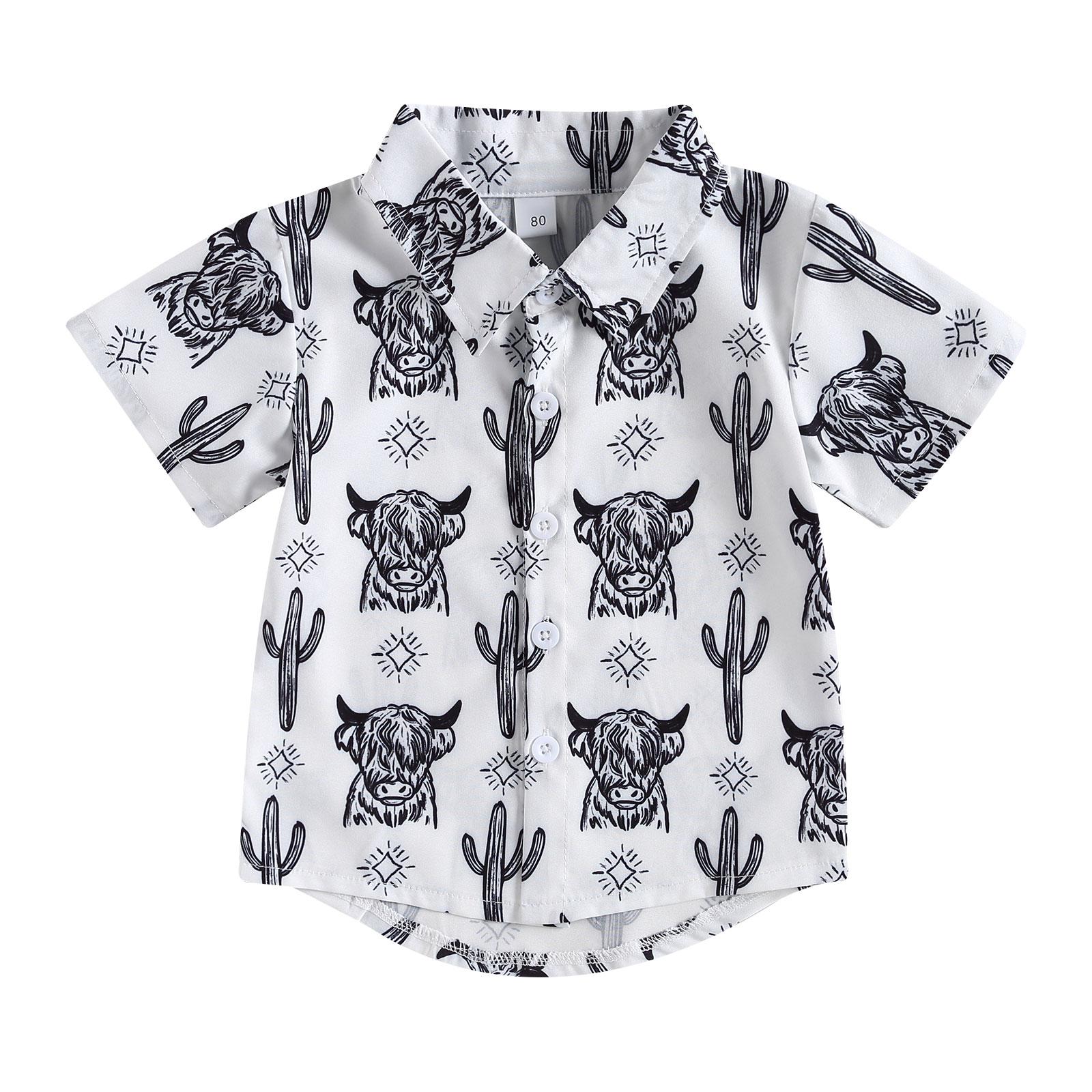 

Летние рубашки для маленьких мальчиков, рубашки с короткими рукавами и пуговицами с графическим принтом крупного рогатого скота, кактуса, блузка, топы, детская одежда 3-4 Years белый