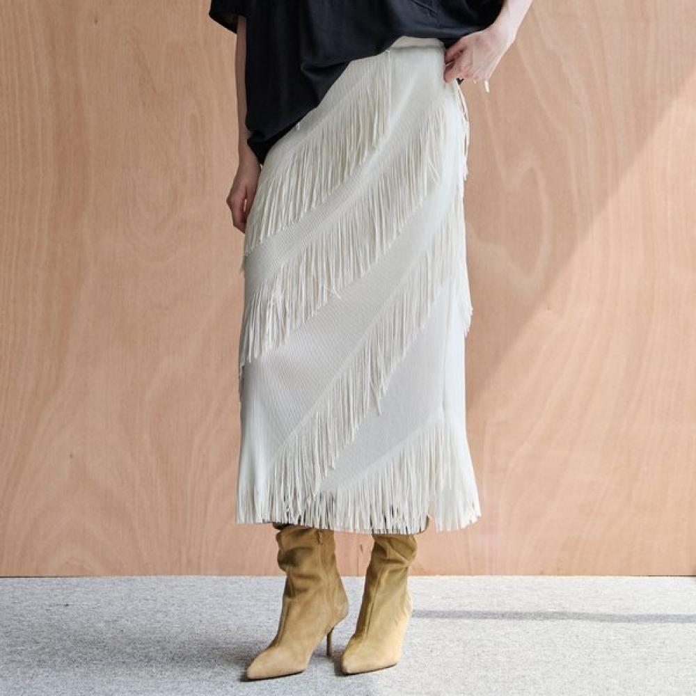 Maxza Diagonal Fringe H Line Banding Long Skirt Ivory/FREE