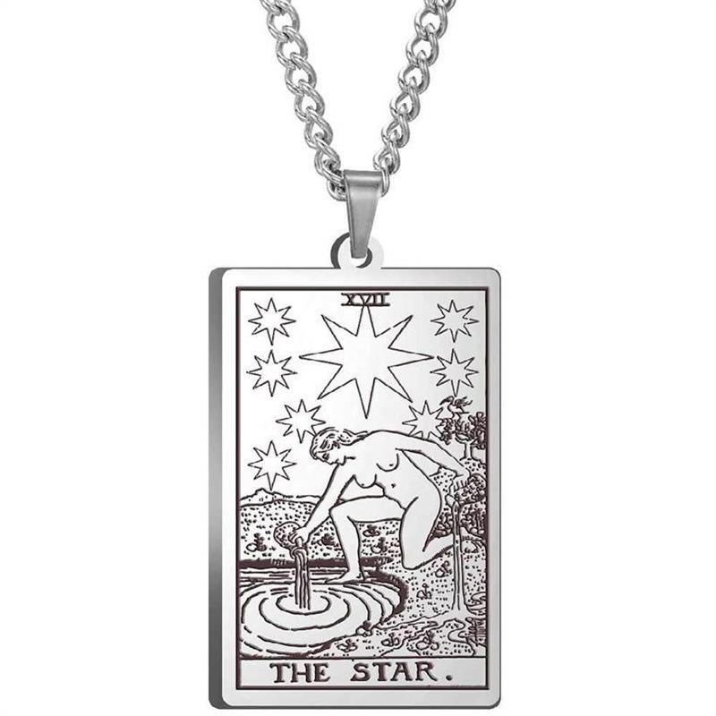 Tarot Stainless Steel Necklace Men'S Hip Hop Personality Retro Square Pendant Sweater Necklace