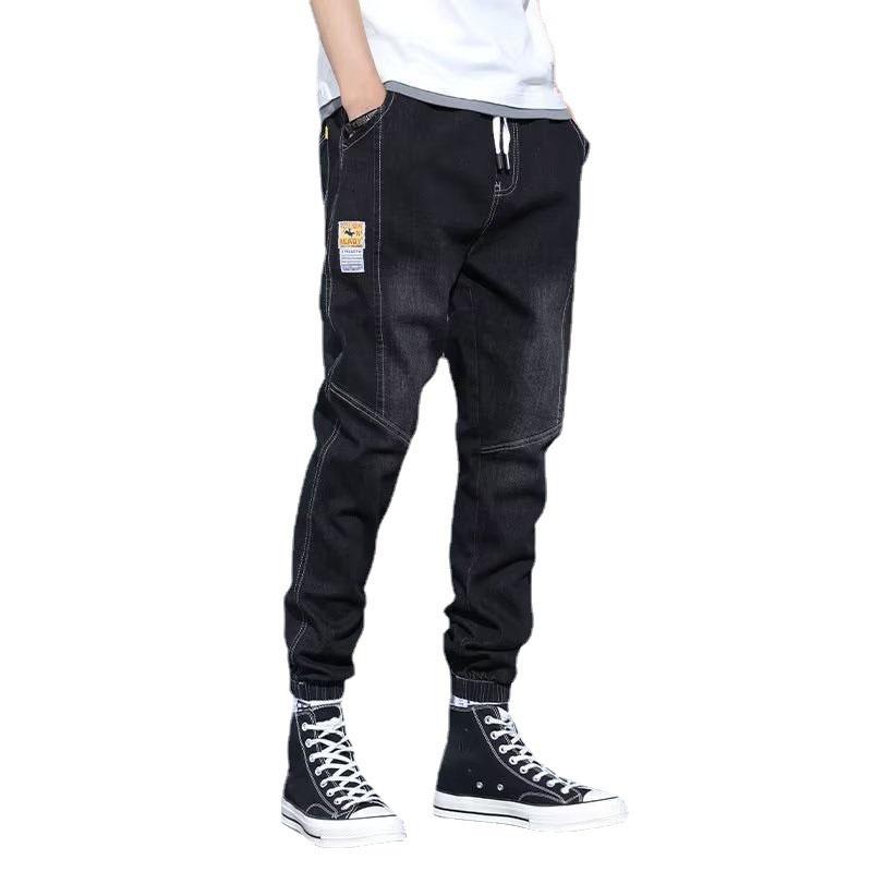 Spring Denim Spring and Fall Tide Workwear Loose Men Drawstring Foot Harlan Splicing Casual Long Pants Plus Size