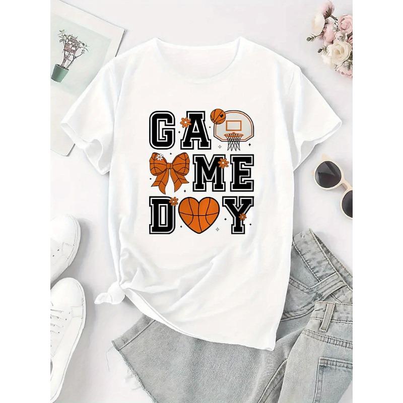 Women's Heart Basketball Hoop Print T-Shirt Casual Sports Short Sleeve Summer Holiday Top