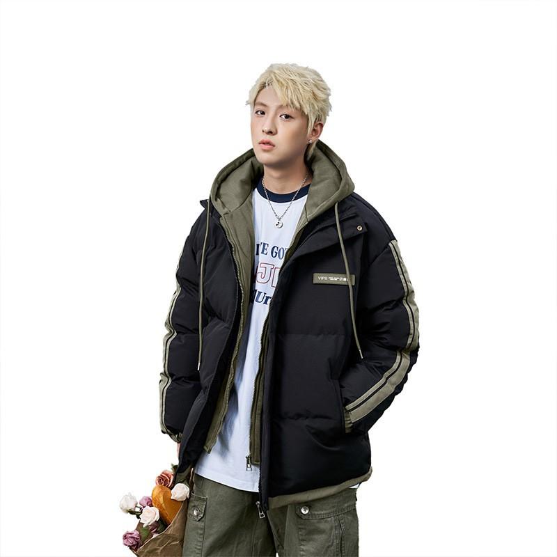 Mens Striped Color Block Outdoor Padded Jacket Warm Hooded Fake Two Piece Coat