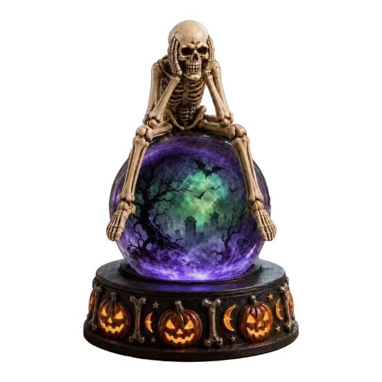 Unique Halloween Gift for Friends LED Lighted Faux Crystal Ball Decoration, Resin Witch/Skeleton/Cat/Ghost Figurine with Led Light
