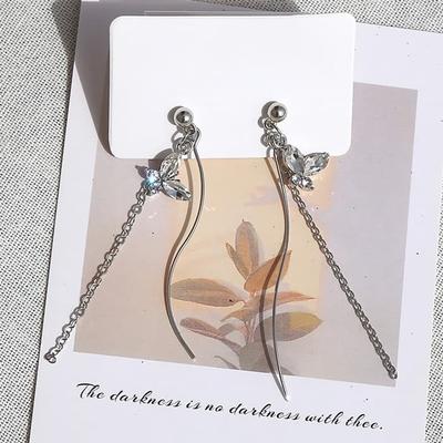 Silver Needle Long Earrings, Chain, Daily Wave Butterfly