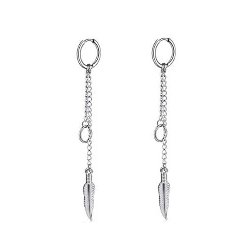 2pcs/set Black Or Silvery Unisex Punk Stainless Steel Cross Cone Feather Chain Pendant Hoop Earrings Ear Stud Jewelry Set