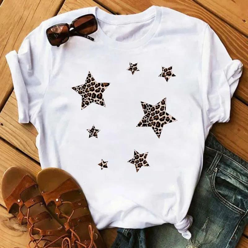 Leopard Love Heart Print Women Fashion T Shirt Black Female Short Sleeve Graphic Tops Women Sleeved Harajuk Streetwear Casual