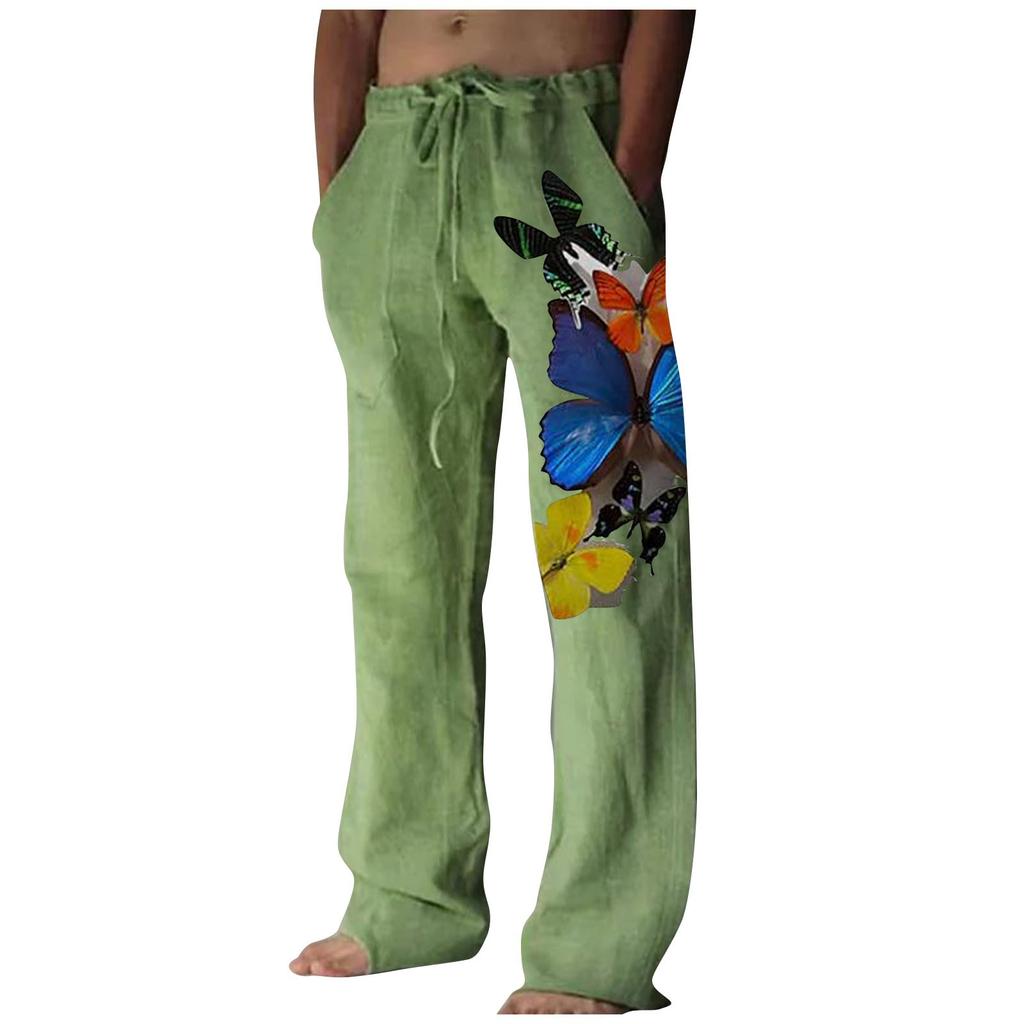 Men's Loose Casual Color Cotton Linen Trousers Elastic Tie Printed Straight Pants
