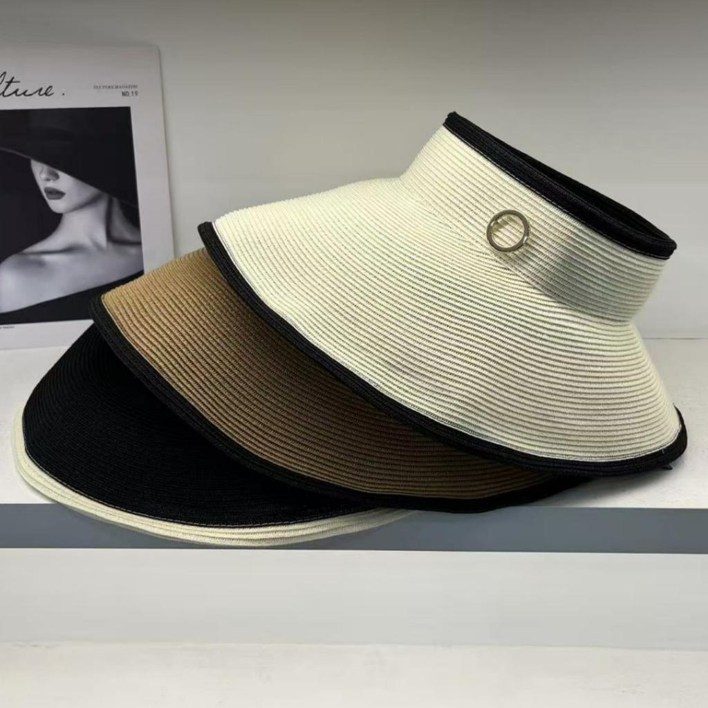 High Quality Celebrity Style Summer Sun Protection Visor Female Empty Top Straw Hat Beach Outing Big Brim Straw Hat Foldable