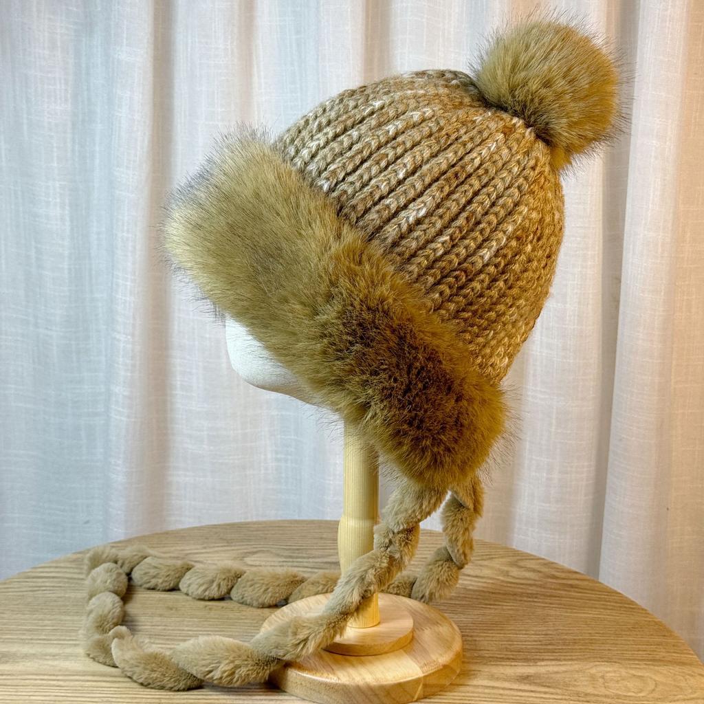 Japanese Sweet and Cute Fur Ball Strap Lei Feng Hat for Women Winter Plus Velvet Thickened Warm Knitted Ear Protection and Cold Protection Hat