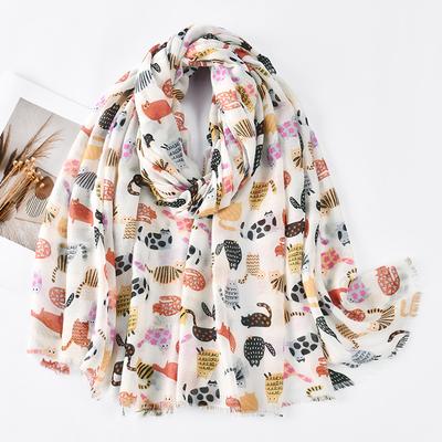 Bufanda Larga Coreana con Estampado de Gato de Cola Larga Hilo Balinés Primavera y Verano Versátil Algodón y Lino Bufanda de Moda Chal Fino para Viajes