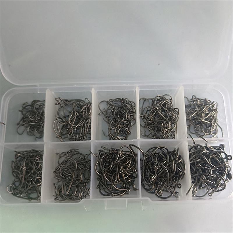 500pcs Fishing Hooks Set 3#-12# Carbon Steel Black Barbed Jig Hooks Mixed Size Fishhooks with Retail Box for Angling Accessories