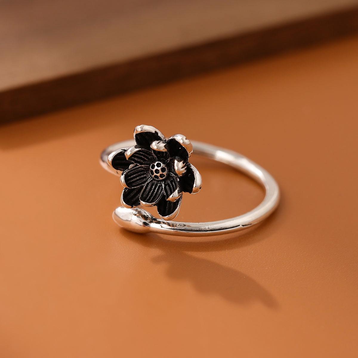 New Retro Lotus Simple Ethnic 925 Sterling Silver Jewelry Temperament Flower Lotus Opening Rings    R107 серебряный