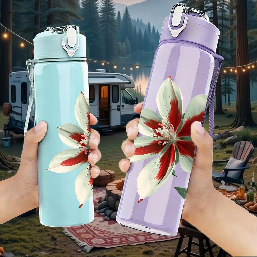 1PC Red White Lily Single Flower Print 750ml Color Plastic Sports Water Bottle Leakproof Flip Straw Lid Suitable for Sports Office Home Use