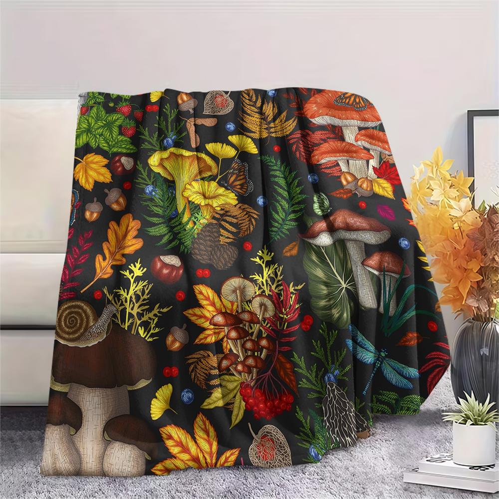 1Pc Dreamy Exotic Mushroom Print Flannel Blanket, High quality Comfortable for All Seasons, Home Decor, Warmth and Comfort, Perfect for Gifts