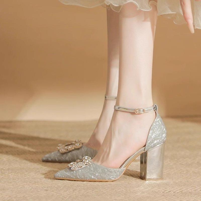 Fashion Women's Block Heel Sandals Summer New Pointed Toe Shallow Slip Rhinestone Square Buckle Strap Bag Heel Pump