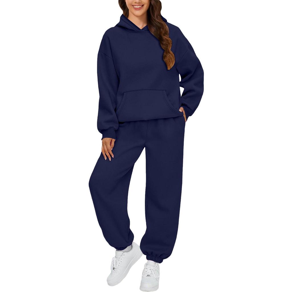 Avrupa ve Amerikan Kadın Sonbahar/Kış 2 Parçalı Günlük Kapüşonlu Sweatshirt ve Eşofman Altı Takımı
