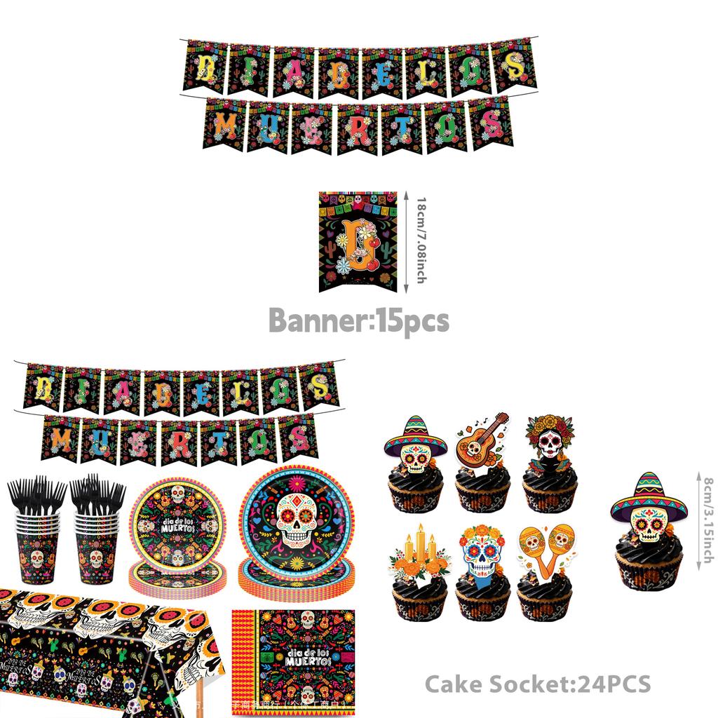 Mexican Day Of The Dead Party Decor Banner And Tableware Set With Paper Plates For Festive Celebrations
