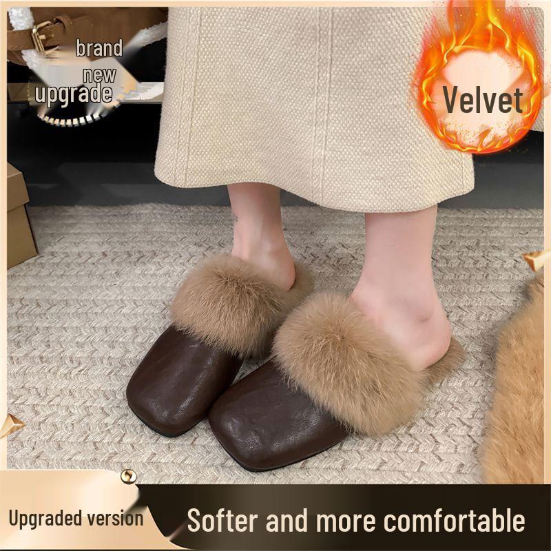 Women's Brown Retro Flat-Sole Fluffy Winter Slippers - 2026 Non-Slip Warm Cotton, Outdoor-Ready