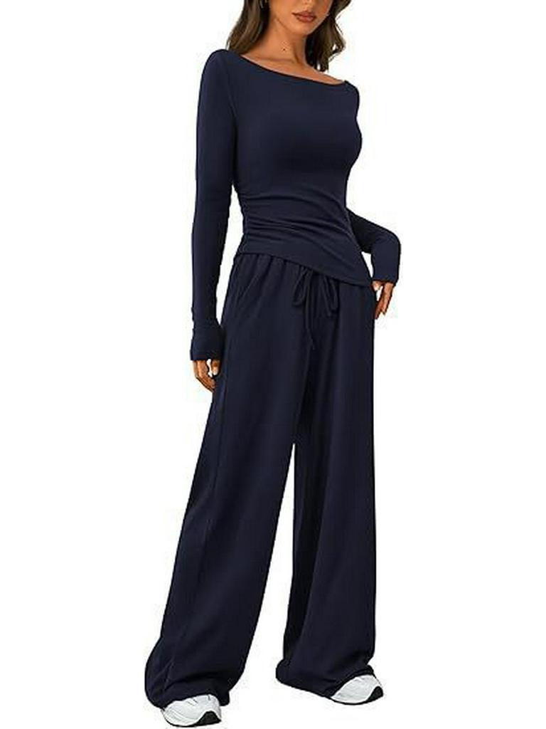 Asymmetrical Long-Sleeve T-Shirt & Wide-Leg Pants Casual Loungewear Set 2025 Autumn Collection