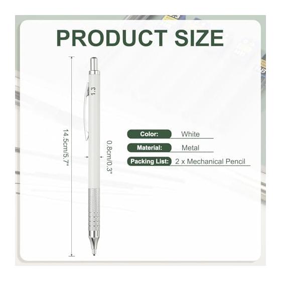 PATIKIL 2pcs 1.3mm Mechanical Pencils, Automatic Metal Holder Drafting Sketch Woodworking Pencils, White, Wear-Resistant, Sturdy, Waterproof,