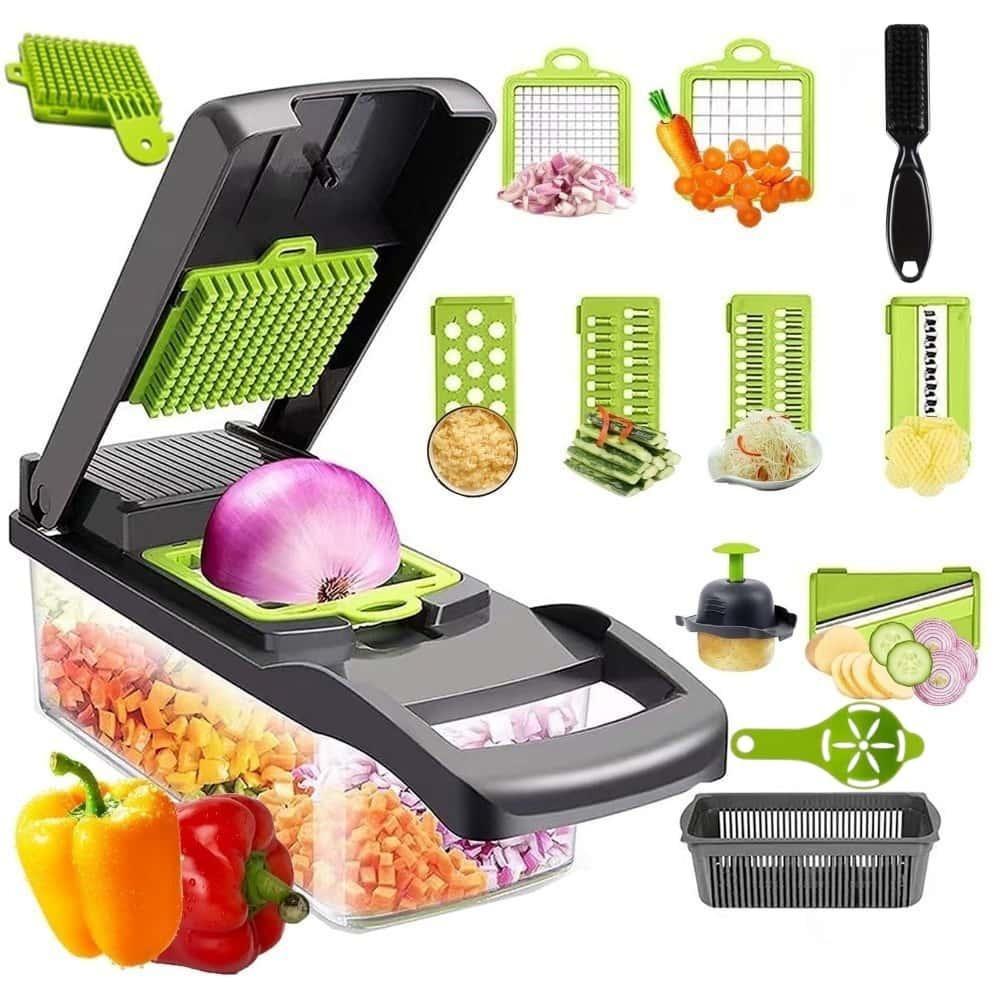 Multifunktionale Gemüsereibe, Manuelle Lebensmittelreibe, Obstschneider, Gemüseschneider, Schneider mit Behälter, Reinigungsbürste und 8 Klingen