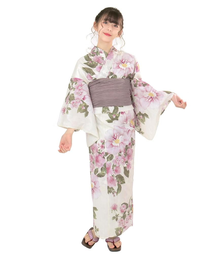 Yukata Set for Change 2 Piece Set Heiko Junior Girls H Mellow [KYOETSU] Girls, Ecru, Weave, (Yukata, Obi) (7. Mauve, 130cm)
