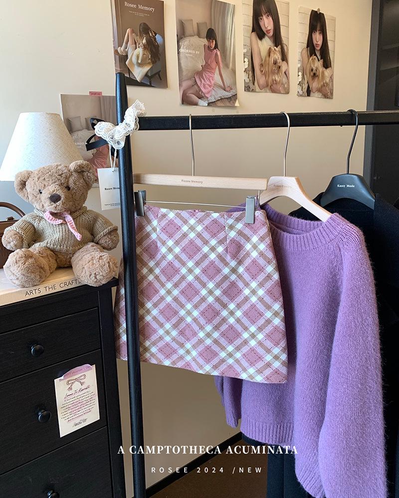 Academy Style Pink Plaid A-line Wool Skirt - Hip-Hugging for Spring & Autumn