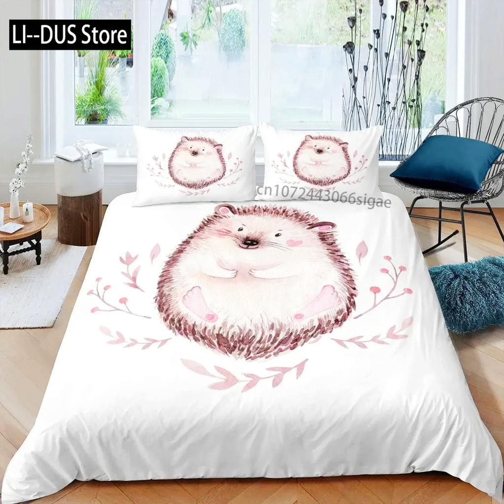Hedgehog Duvet Cover Mushroom For Boys Teens Cute Cartoon Wild Animal Pinecone Tree Leaf Quilt Cover Autumn Leaves Room Decor