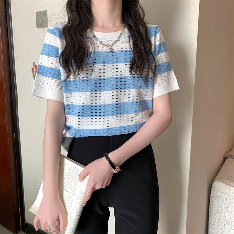 Black and White Striped Knitted Short-sleeved T-shirt Female Summer New Loose Korean Version Thin Round Neck Student Top