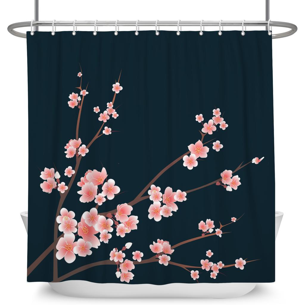 Chinese Style Plum Blossom Shower Curtain with Hooks Waterproof Polyester Bathroom Curtain Ink Painting for Home Decor 180x180cm