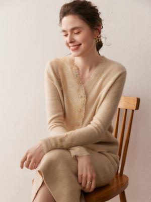 Cardigan in Cashmere con Pizzo a Scollo a V da Donna A/I 2025 - Colore Unito, Vestibilità Larga