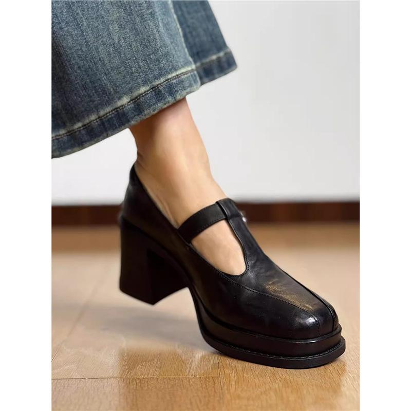First Layer Leather British Retro T-strap Mary Jane Shoes Women's Thick Heel High Heel Small Leather Shoes Single Shoes