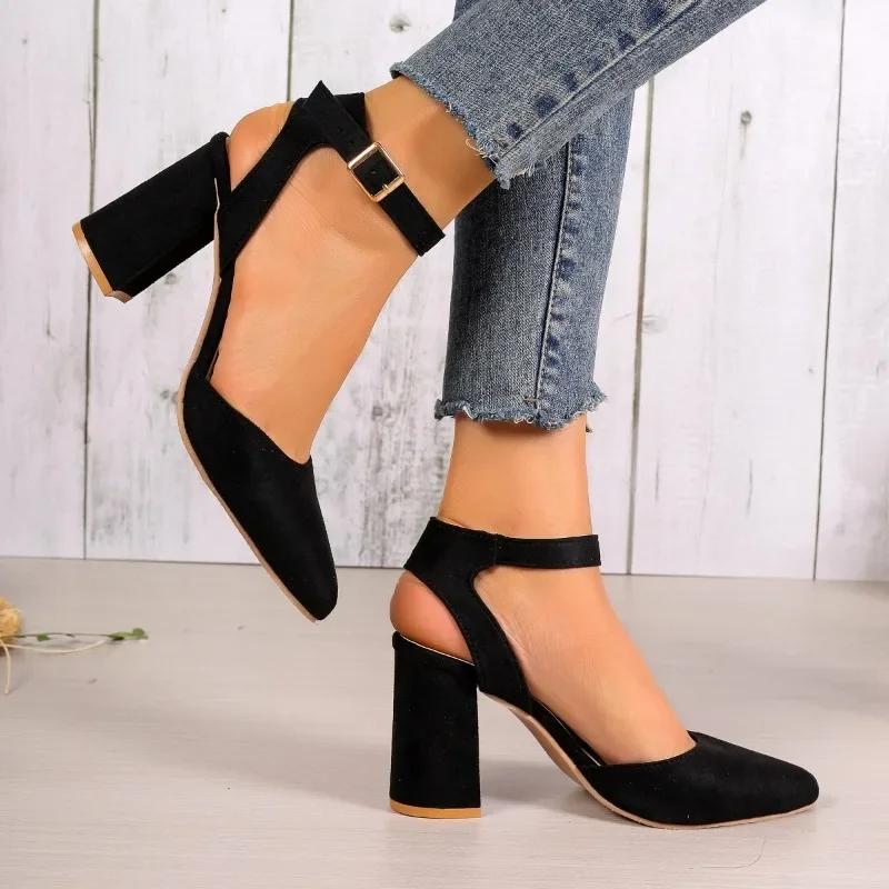Fashion 2024 High Quality Ladies Shoes Ankle Strap Women's Pumps Autumn Pointed Toe Buckle Solid Dress Chunky Heels Large Size Shoes