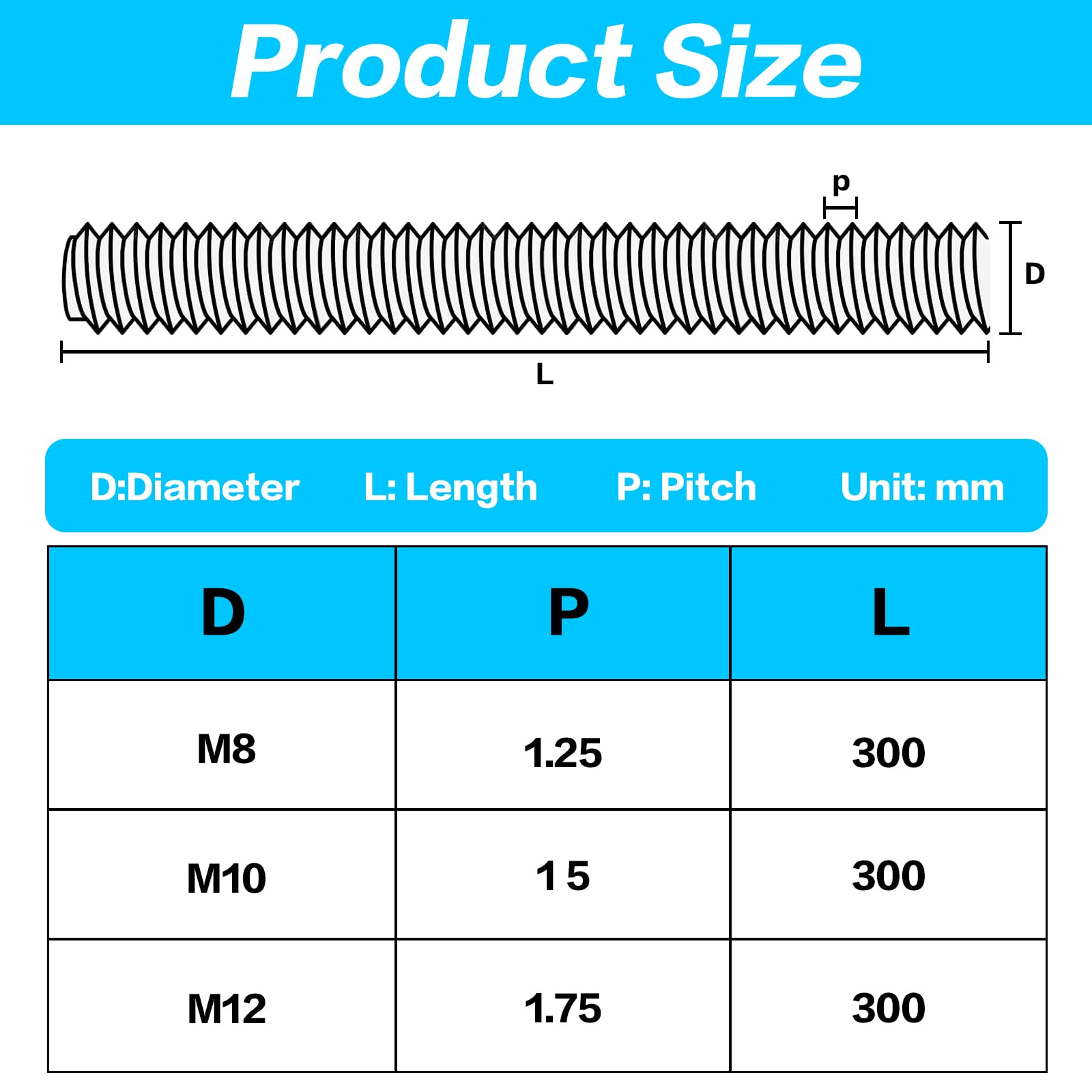 3-Pack M8×300mm Galvanized Steel Threaded Rods - Class 4 Strength Metric Screws argento