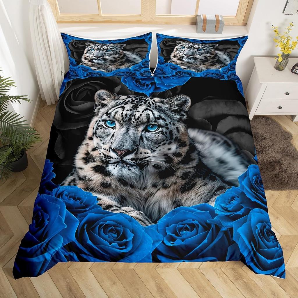 Leopard Bedding Set Wild Cheetah Comforter Cover Rose Romantic Floral Duvet Cover For Boys Girls Room Decor Twin Full Queen King