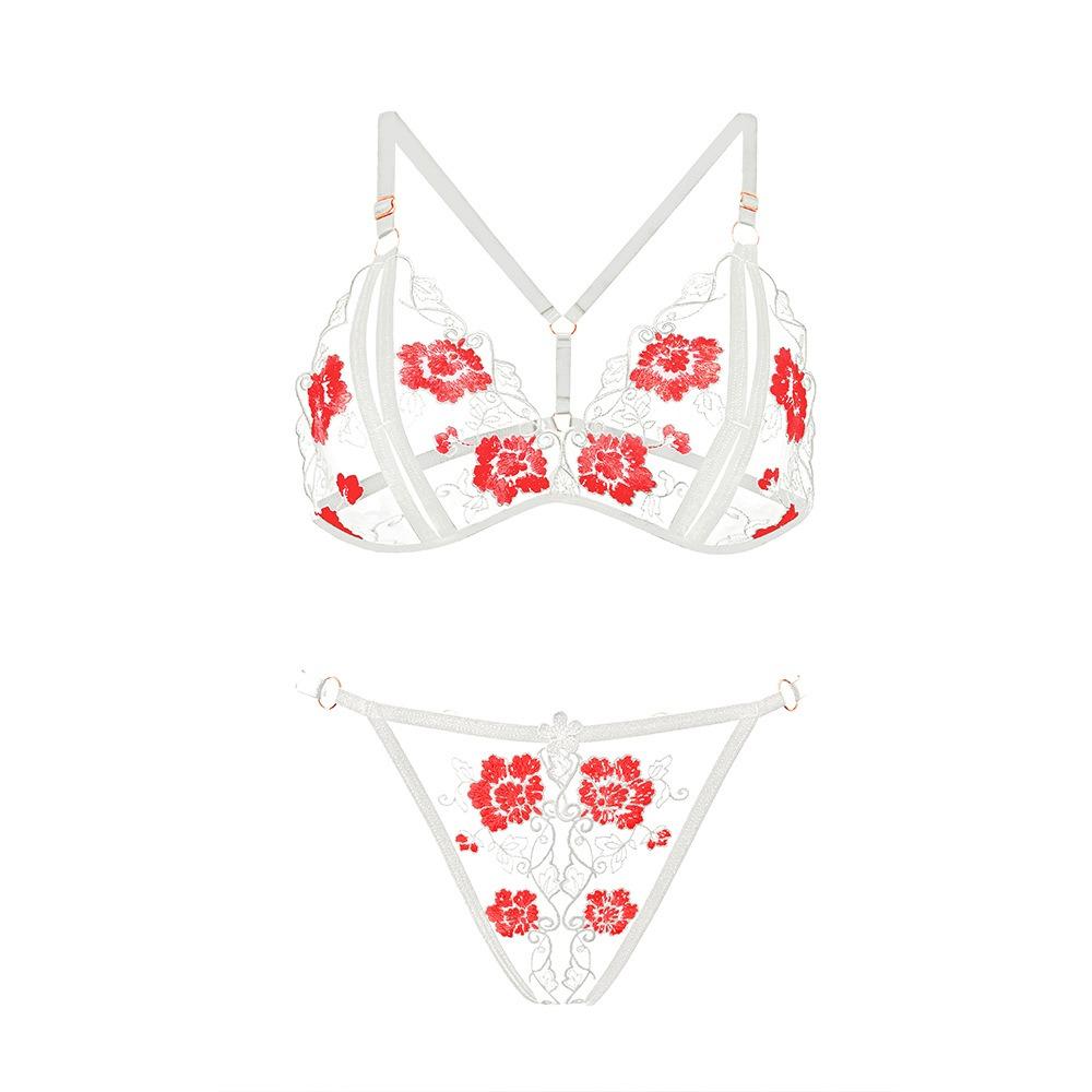 Sexy Lingerie Bed Flirting Robe Three-point Seduction Sexy Embroidery Open Passion Bra Set Women's Large Size