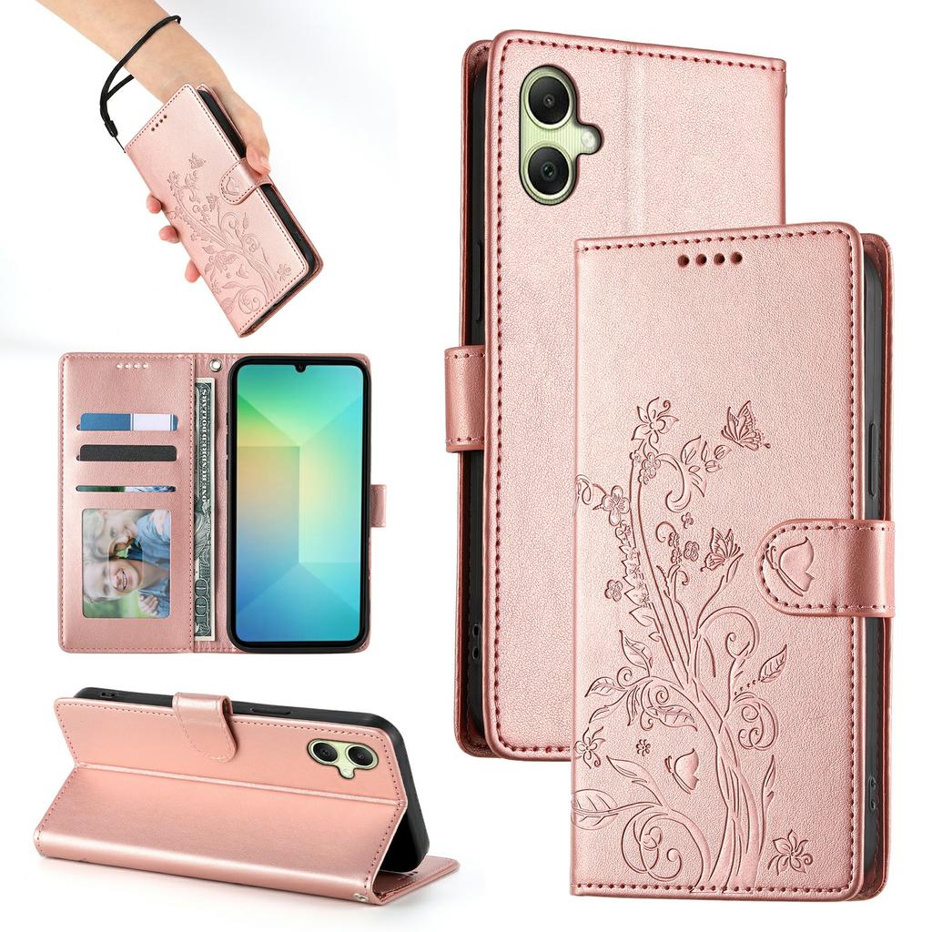 For Samsung Galaxy A06 5G/4G Wallet Case Butterfly Floral Imprint PU Leather Phone Cover with Wrist Strap
