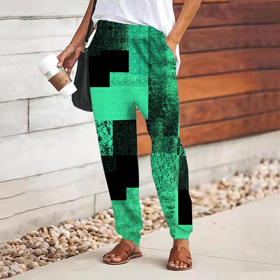 Women Geometry Printing Pants Lace Up Elastic Waist Loose  Trousers Casual Long Pants Trousers with Pockets