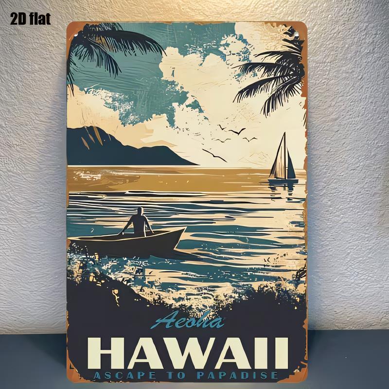 Tin Sign Hawaii Beach Ocean Sailboat Vintage Metal Poster Wall Art Decor Retro Coastal Landscape Artwork Aloha Escape to Pa