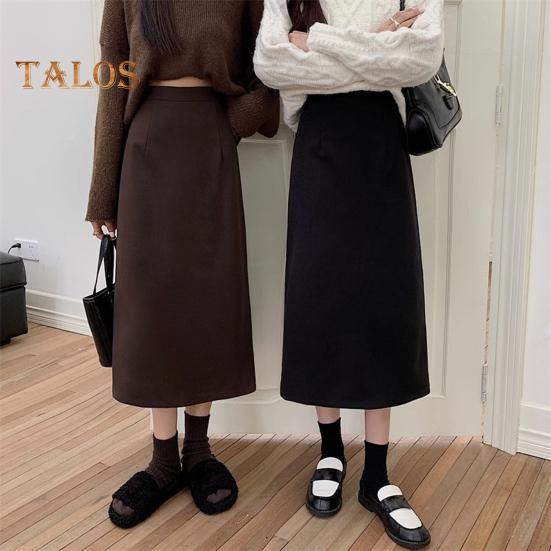 Women A-Line Skirt Elastic High Waist Solid Color Retro Slit Skirt Solid Autumn Winter Slimming Skirt