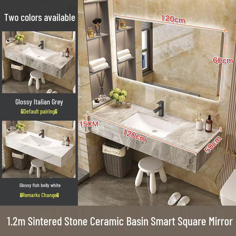 Modern Minimalist Sintered Stone Washbasin Set with Seamless Ceramic Sink, Bathroom Cabinet, and Mirror Storage Cabinet