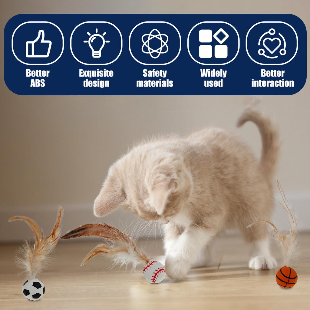 12Pcs Feather Ball Cat Toy Rubber Bouncy Balls Cat Interactive Ball Toys Indoor Pet Training Catcher Chew Toy for Kitten Playing